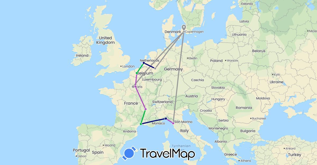 TravelMap itinerary: driving, bus, plane, train in Germany, Denmark, France, Italy, Netherlands (Europe)
